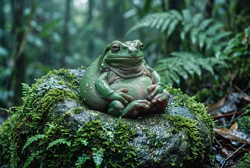 Chubby Green Frog Sitting on Mossy Rock
