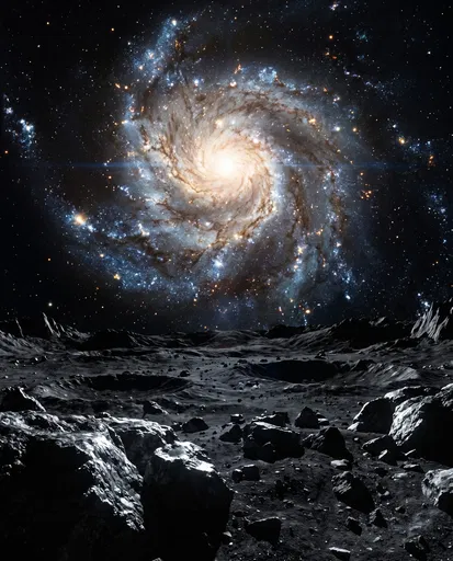 Spiral Galaxy Over Barren Exoplanet Surface