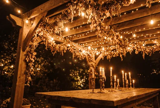 Rustic Pergola and Candlelit Table at Night