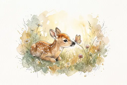Watercolor Fawn and Butterfly in Meadow