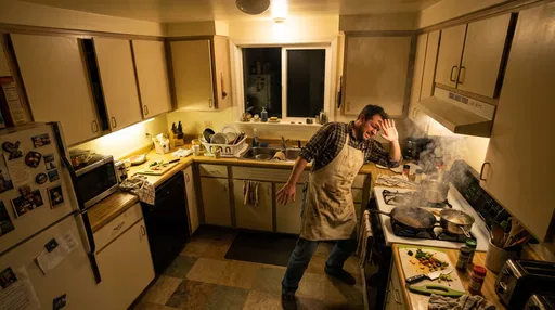 Man Recoiling from Smoking Stove in Kitchen