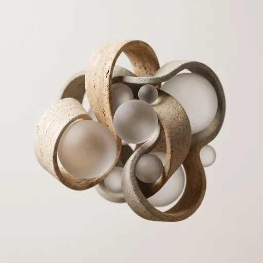 Abstract Travertine Ribbon and Glass Sphere Sculpture