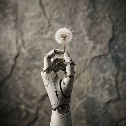 Bionic Hand Holding Delicate White Dandelion