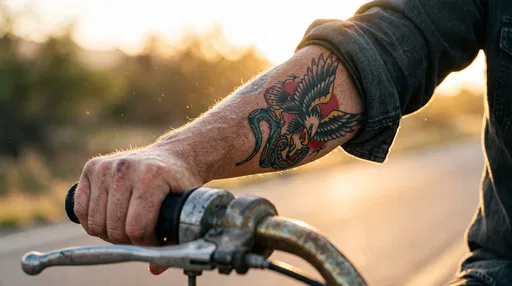 Man With Forearm Tattoo Gripping Motorcycle Handlebar