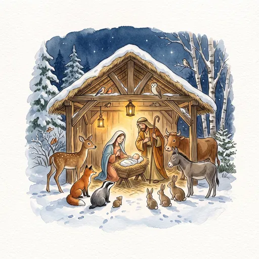 Watercolor Christmas Nativity With Woodland Animals