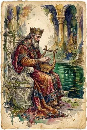 Watercolor Illustration of King with Lyre