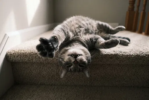 Playful Tabby Cat Upside Down on Stairs