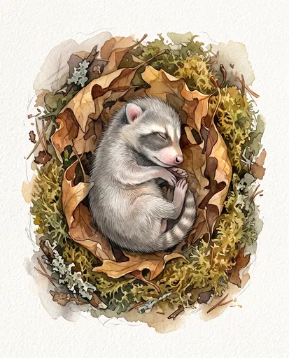 Watercolor Sleeping Newborn Raccoon in Moss