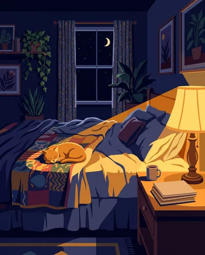 Cozy Night Bedroom With Sleeping Cat