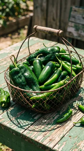 Fresh Green Peppers in Rustic Wire Basket