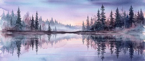 Watercolor Boreal Forest Lake Reflection