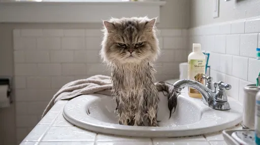 Grumpy Wet Cat in Bathroom Sink
