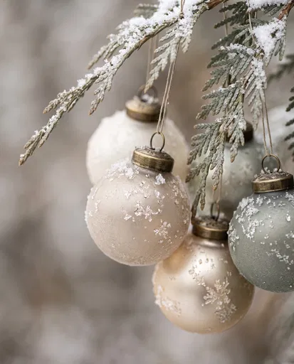 Frosted Holiday Baubles on Snowy Cedar Branch