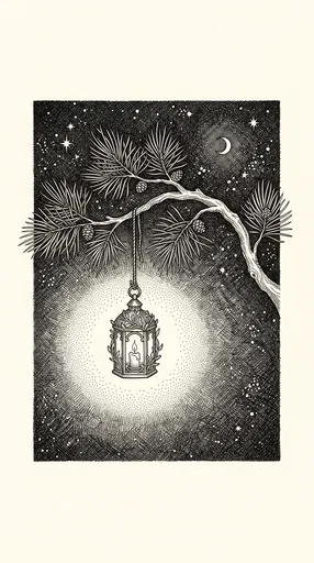 Ink Drawing of Lantern on Pine Branch