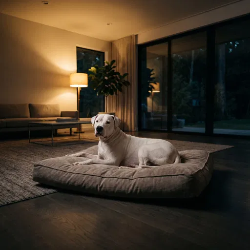 White Dogo Argentino on Dog Bed