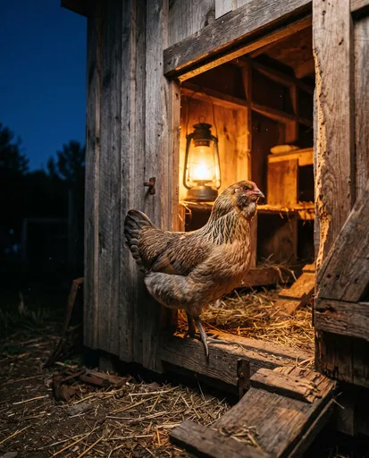 Hen Standing in Lit Coop Doorway