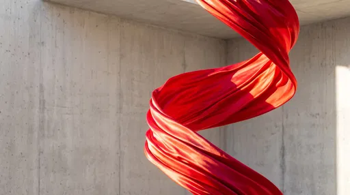 Red Silk Ribbon Twisting Near Concrete Wall