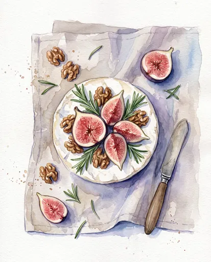 Watercolor Brie Cheese With Figs and Walnuts