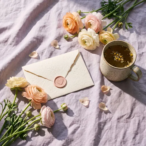 Envelope, Ranunculus, and Tea Flat Lay