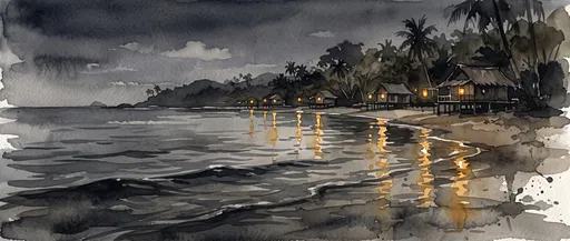 Watercolor Tropical Island Cove at Night