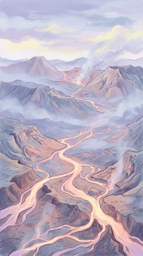 Pastel Illustration of Volcanic Magma Valley