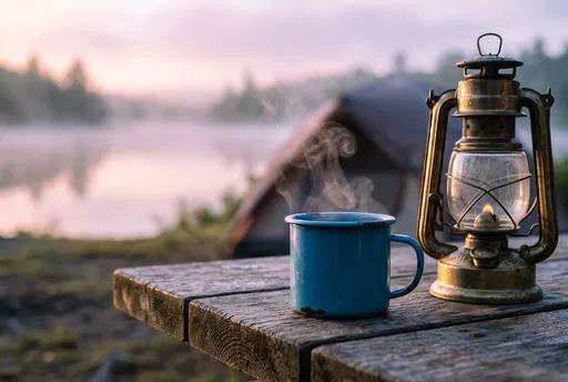 Steaming Mug and Lantern at Campsite