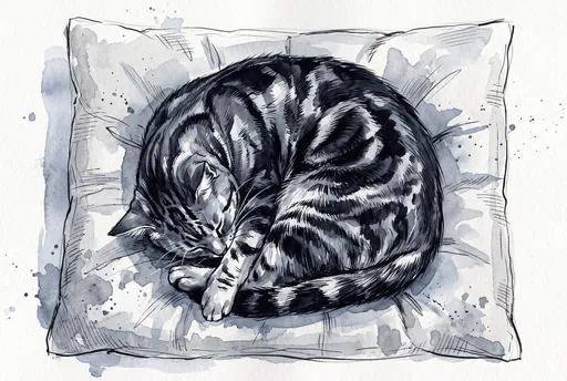 Watercolor Illustration of Sleeping Tabby Cat