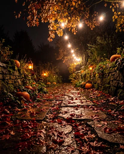 Illuminated Autumn Garden Path at Night
