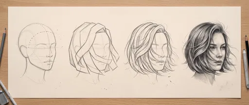 Four Stage Hair Drawing Progression Sketch