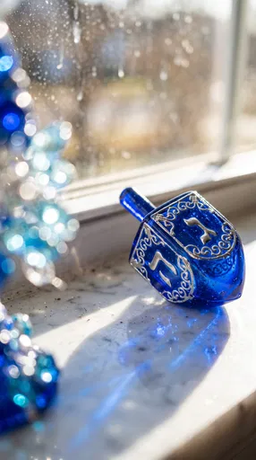 Blue Glass Dreidel on Sunlit Marble Windowsill