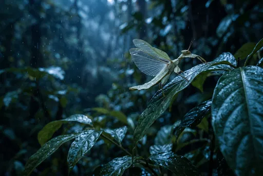 Winged Green Insect in Rainy Forest