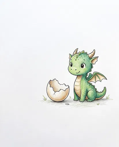 Cute Green Baby Dragon Beside Cracked Eggshell