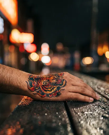 Hand With Tiger Tattoo At Night