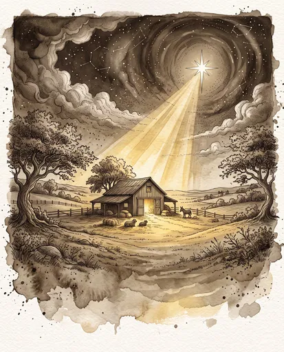 Sepia Watercolor Stable Under Bright Star