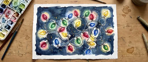 Watercolor Christmas Lights Painting Flat Lay