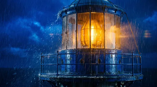 Glowing Blue Lighthouse in Night Rainstorm