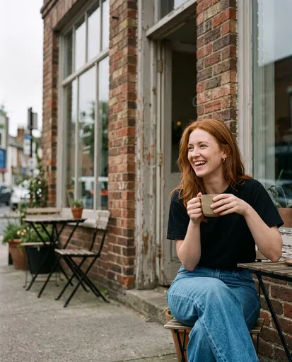 Laughing Woman With Coffee Outside Cafe