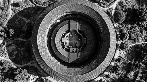 Monochrome Aerial View of Circular Hakka Tulou