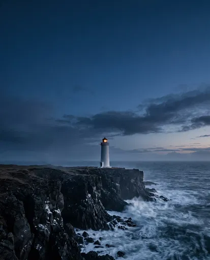 White Lighthouse on Cliff at Dusk