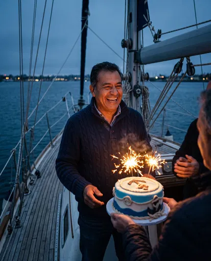 Man Celebrating Birthday on Sailboat at Dusk