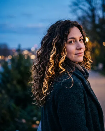 Woman With Curly Highlighted Hair at Dusk