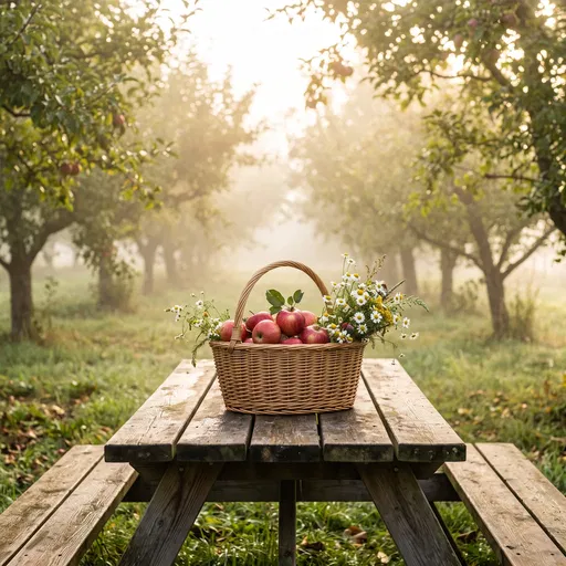 Apple Basket on Misty Orchard Table