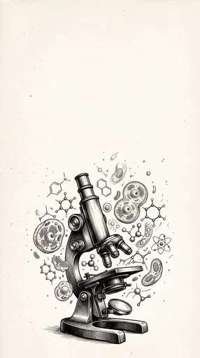Vintage Ink Illustration of Microscope and Cells