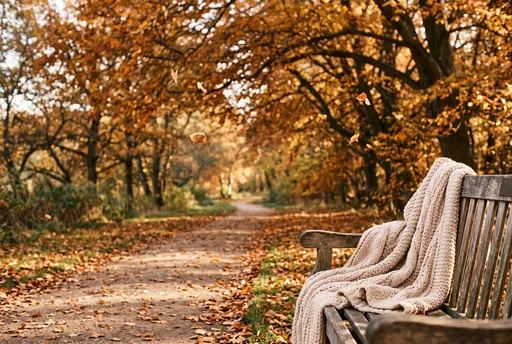 Knitted Blanket on Autumn Park Bench