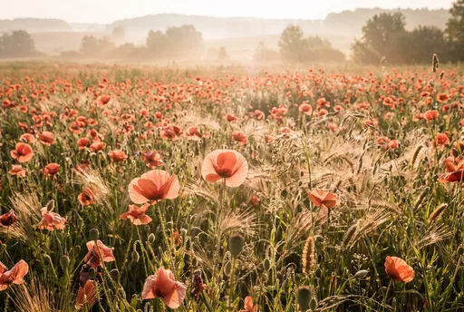 Sunlit Meadow of Translucent Red Poppies