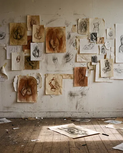 Studio Wall With Charcoal and Umber Sketches