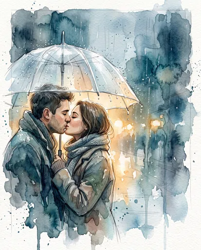 Watercolor Couple Kissing Under Clear Umbrella