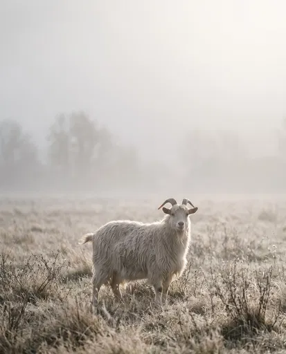 White Cashmere Goat in Misty Meadow