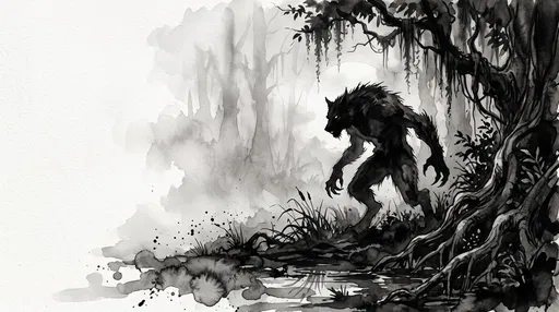 Monochrome Watercolor Werewolf in Misty Swamp