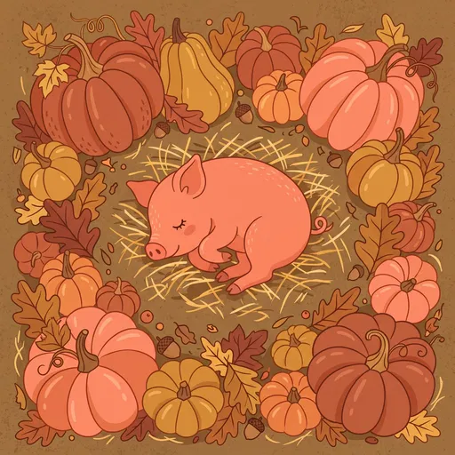 Sleeping Piglet in Autumn Pumpkin Patch